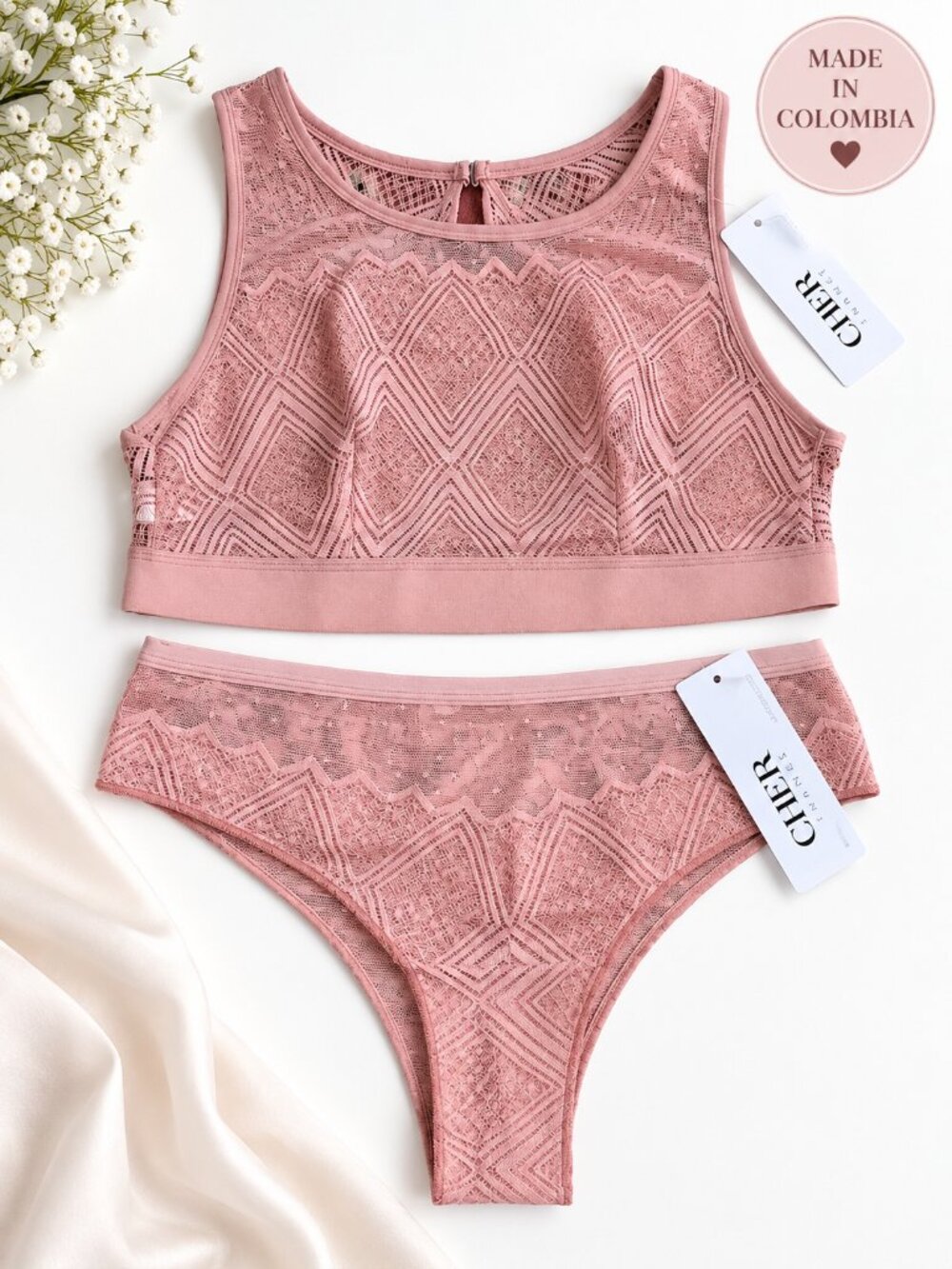 Made in Colombia Women’s Lace Bralette & Panty Set Pink Size 34/M
